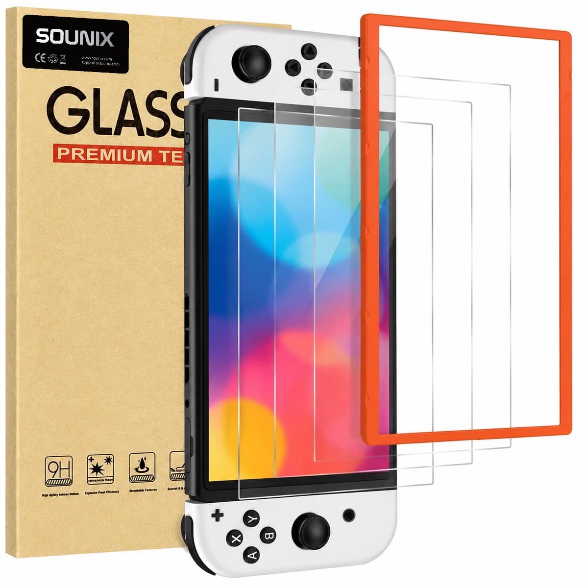 Sounix Screenprotector voor Nintendo Switch OLED - 3 Stuks Gehard Glas - Tempered Glass met Montageframe - Krasbestendige Schermbeschermer — afbeelding 1