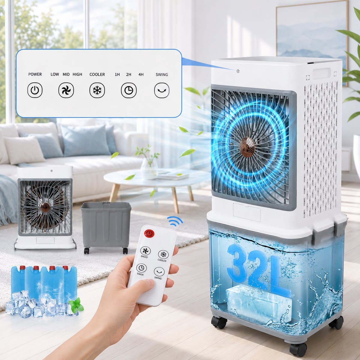 MUPOO 4-in-1 Aircooler 32L -Airco Zonder Afvoerslang- Luchtkoeler met 4 Koelelementen - Koelen, Ventileren, Bevochtigen & Aromatherapie - Stil 50 dB - Afstandsbediening voor Kantoor, Garage, Woonkamer en Slaapkamer — afbeelding 1