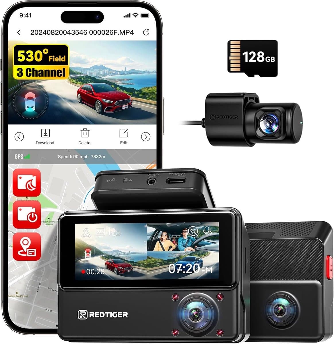 Dashcam voor auto - Zwart - 3 kanalen - 2,5K + 2,5K + 1080p infrarood nachtzicht - Met touchscreen en GPS voor optimale veiligheid — afbeelding 1