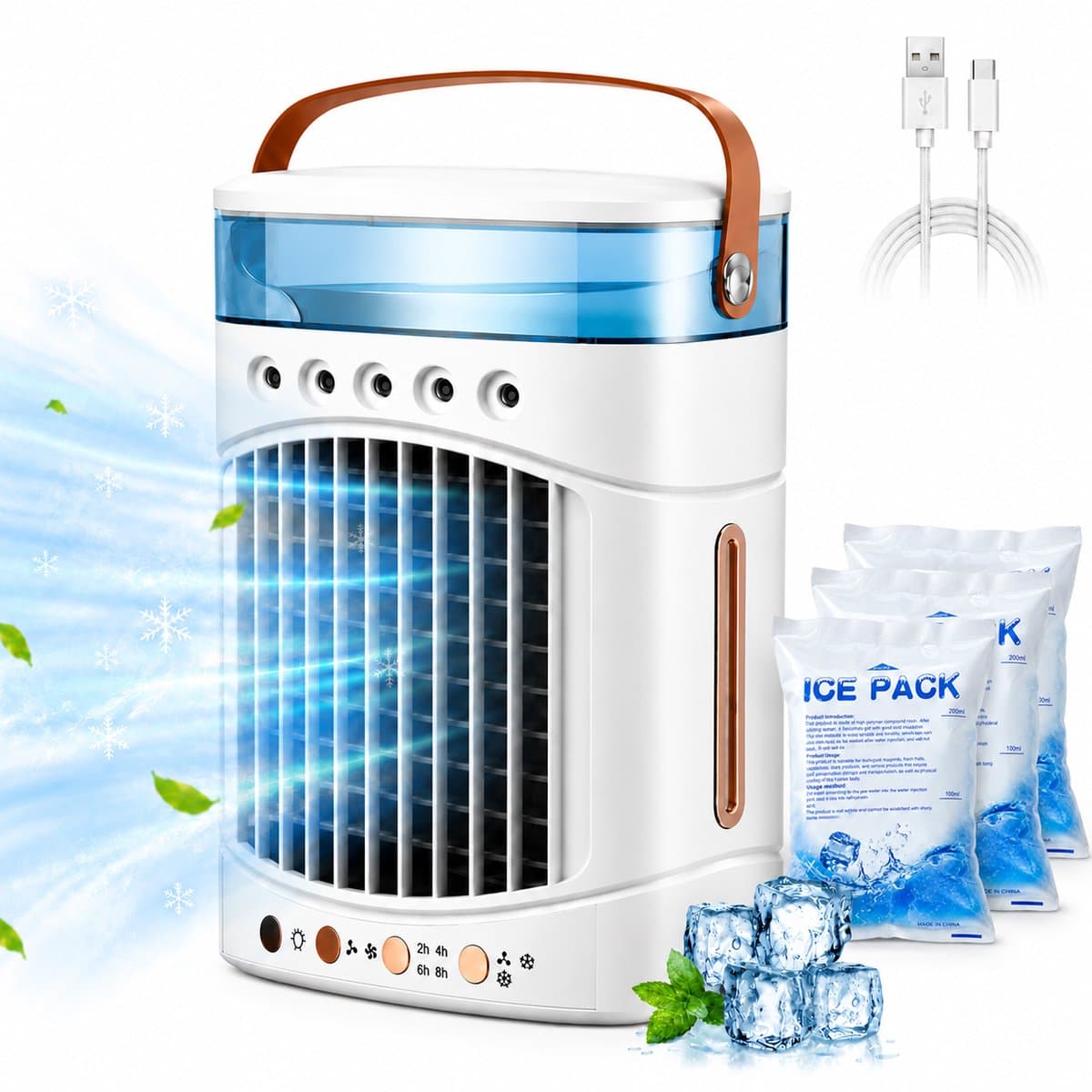 Mini Airco 4-in-1 – Draagbare Mobiele Luchtkoeler met Luchtbevochtiger – 5 Vernevelaars, 3 Nevelstanden, 2 Snelheden, Timer & LED – USB Bureauventilator Zonder Afvoerslang – Wit — afbeelding 1