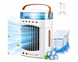 Mini Airco 4-in-1 – Draagbare Mobiele Luchtkoeler met Luchtbevochtiger – 5 Vernevelaars, 3 Nevelstanden, 2 Snelheden, Timer & LED – USB Bureauventilator Zonder Afvoerslang – Wit