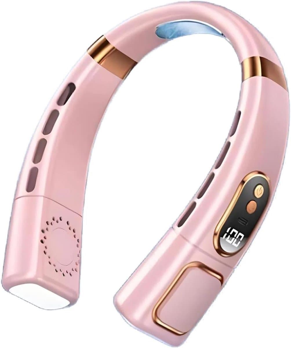 Nekventilator, digitaal display met gekleurde sfeerverlichting, 4000mAh USB-opladen, 5 snelheden, bladloze draagbare nekventilator, luchtkoeler, persoonlijke ventilator (roze) — afbeelding 1