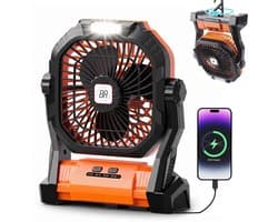 Best Active Mini Ventilator - Oplaadbare Tafelventilator - Stille Mini Fan met Ophanghaak - Handventilator - Klein, Stil & Geruisloos - 4 Snelheden & Verlichting - 7800 mAh & Powerbank functie - Zwart/Oranje