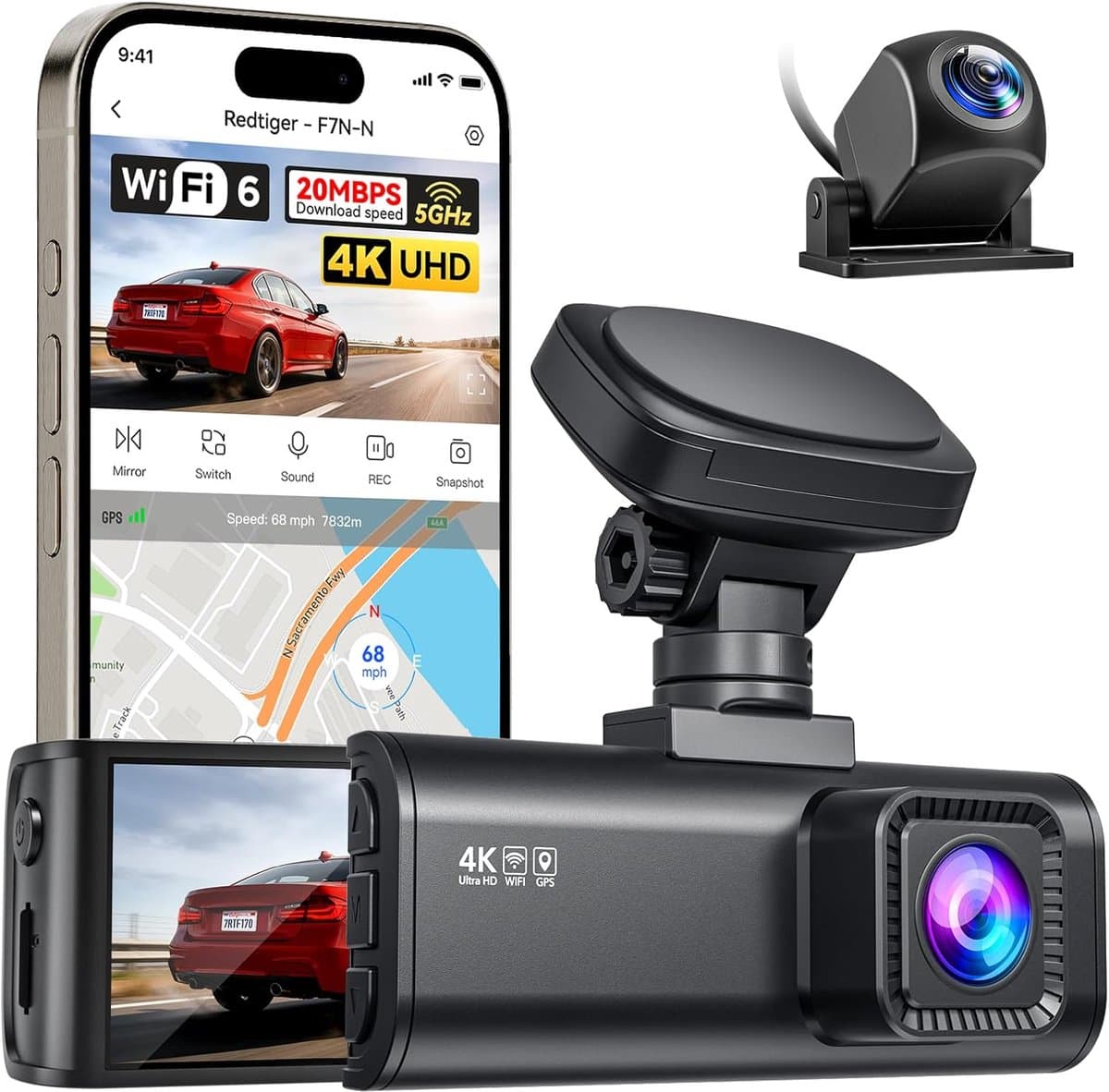 Dashcam Auto Voor en Achter - 4K UHD - WiFi 5.8GHz - GPS - Nachtzicht - 24 Uur Parkeerbewaking — afbeelding 1
