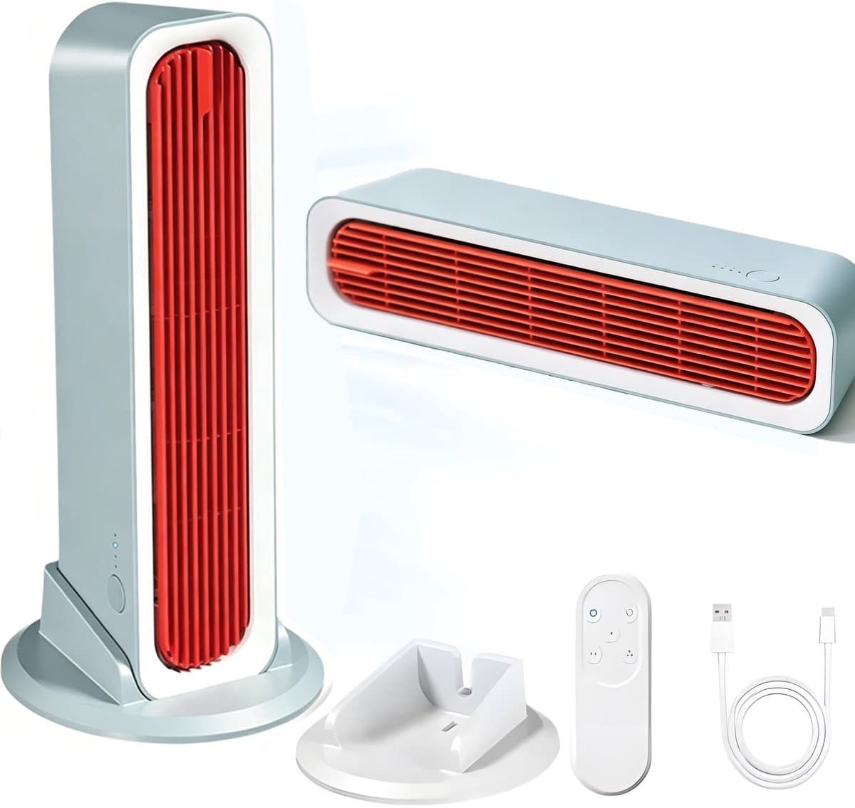 Stille draagbare USB torenventilator - Bladloze Torenventilator - 4000mAh - 3 snelheden - met losse voet en afstandsbediening - voor bureau, slaapkamer en camping - blauw-oranje — afbeelding 1