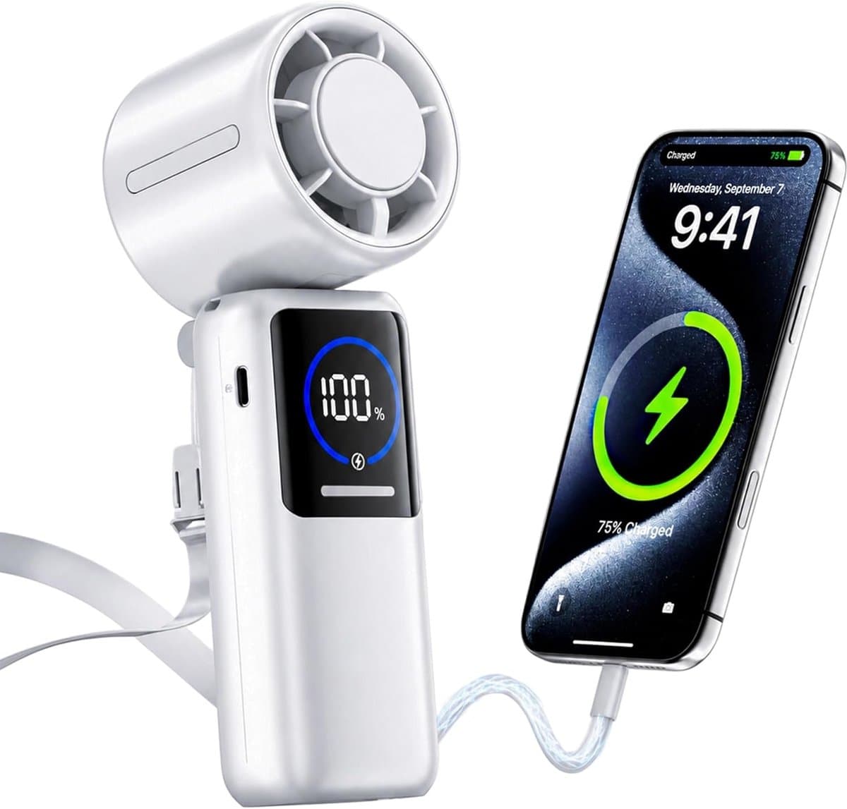 LISM-Draagbare turbineventilator, 6000mAh opvouwbare oplaadbare persoonlijke ventilator, 4-in-1 nekventilator, ingebouwde USB-C-kabel en display, 15 m/s handventilator, Geschikt voor reizen en concerten, een geweldig cadeau Geschikt voor vrouwen. — afbeelding 1