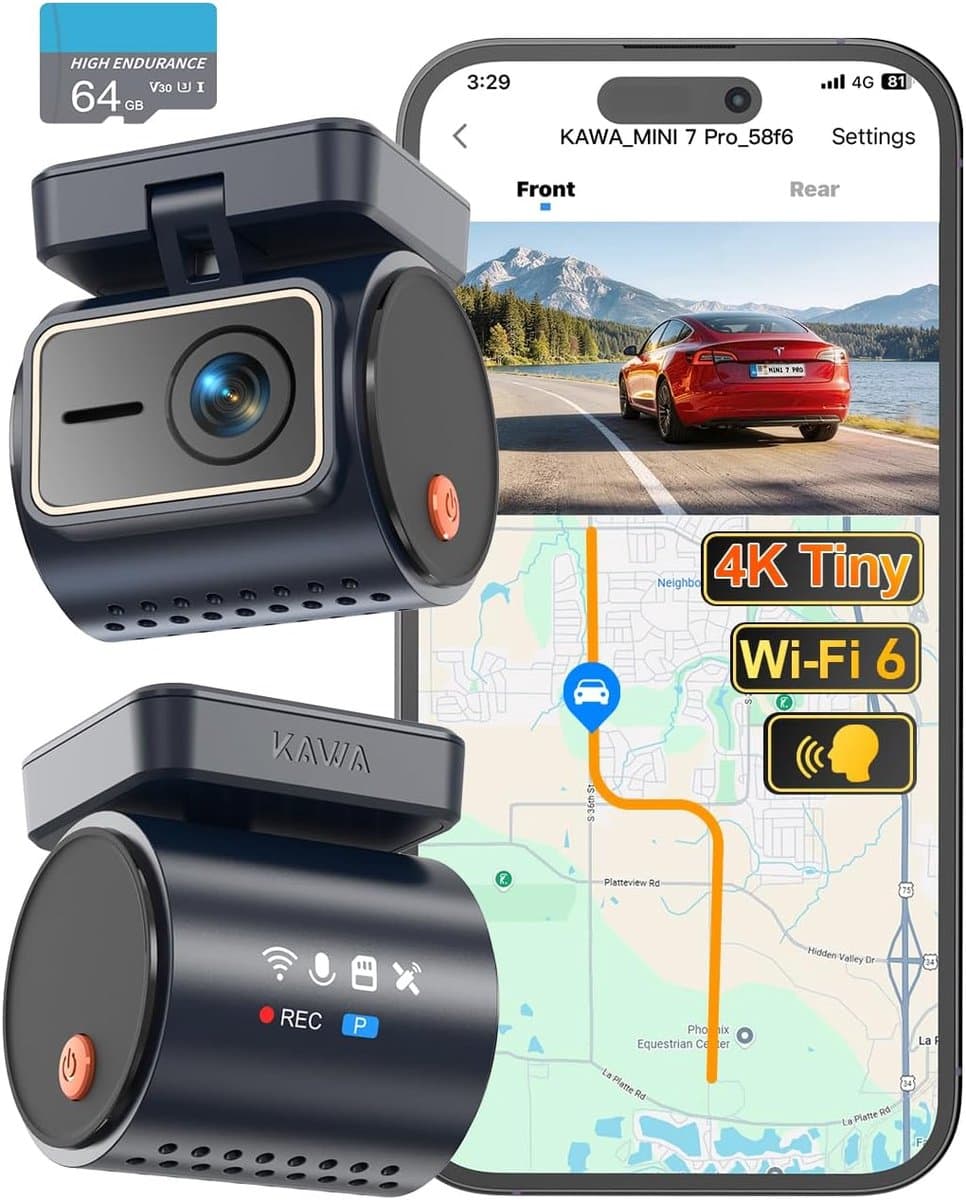 SnelShoppen - KAWA 4K Mini Dash Cam, Voice Control, Stealth Display, 2K HDR Nachtcamera, Ingebouwde Wi-Fi 6 & GPS, 24/7 Gebufferde Parkeermodus, Onder — afbeelding 1