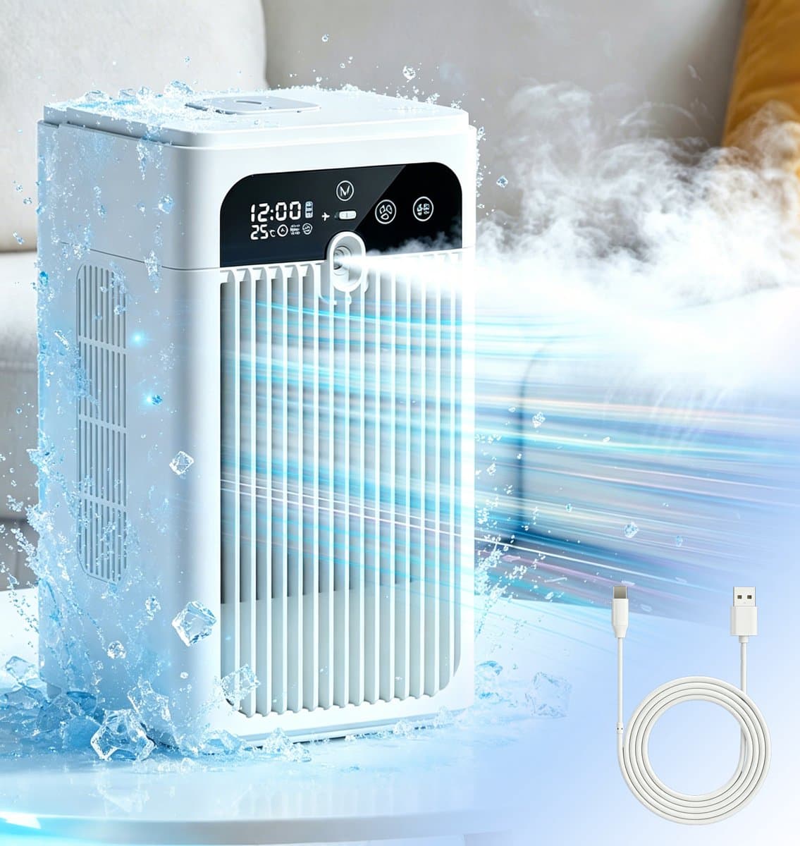 Draagbare Luchtkoeler met Verneveling - 3-in-1 Mini Air Cooler, Ventilator en Luchtbevochtiger - Stil 30 dB - Oplaadbaar - 370 ml Watertank — afbeelding 1