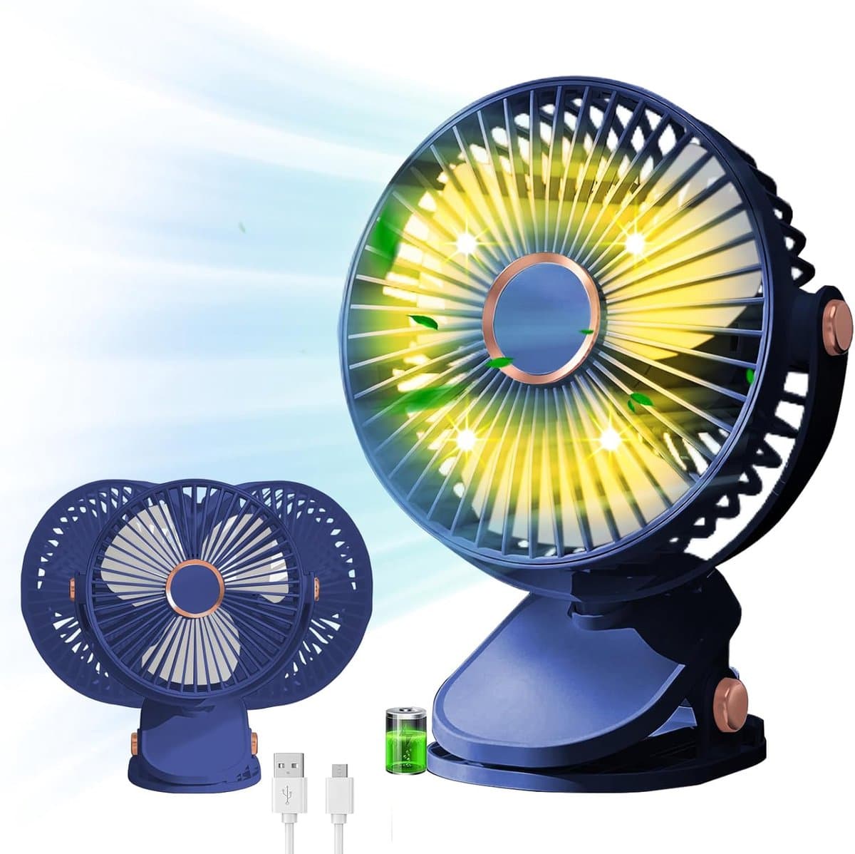 USB-bureauventilator, clipventilator, 5 windsnelheden, 360° draaibaar, draagbare mini-USB-bureauventilator met oplaadbare batterij, geschikt voor thuis, slaapkamer, buitenkamperen, blauw. — afbeelding 1
