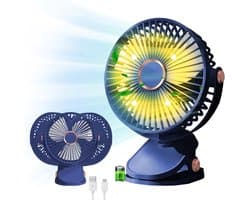 USB-bureauventilator, clipventilator, 5 windsnelheden, 360° draaibaar, draagbare mini-USB-bureauventilator met oplaadbare batterij, geschikt voor thuis, slaapkamer, buitenkamperen, blauw.