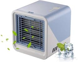 Draagbare luchtkoeler – 3-in-1 draagbare persoonlijke airconditioner – Watertank van 500 ml – 3 ventilatorsnelheden & ledverlichting in 7 kleuren – Ventilator met verdampingskoeling (USB-voeding) – Geschikt voor kamers, bureaus en kantoren – Blauw