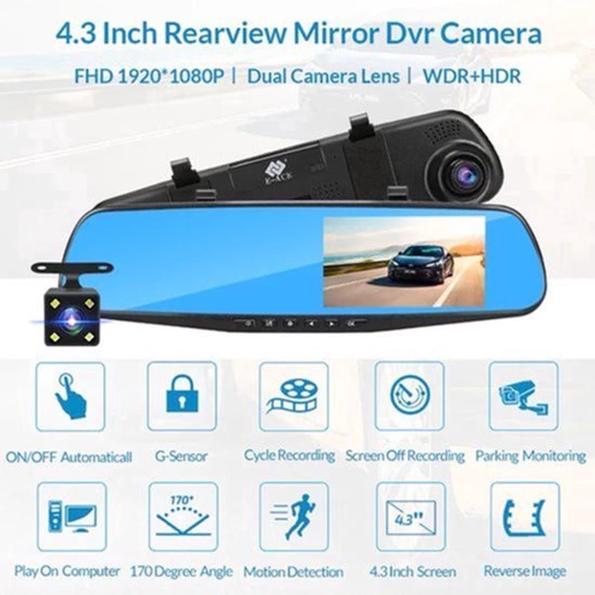 Dashcam voor Auto - Dashcam 4.3 Inch - Full HD 1080P Auto Rij Recorder - Achteruitkijkspiegel DVR - Nachtzicht, Bewegingsdetectie & Parkeermodus - 6M Achteruitrijcamera - Zonder Geheugenkaart - Zwart — afbeelding 1