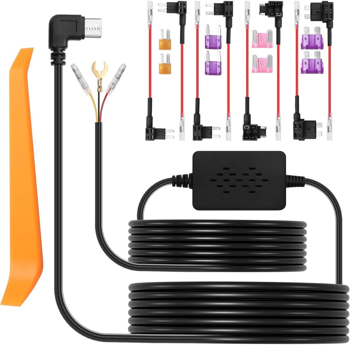 SnelShoppen - Hardwired Dashcam Kit 3.3m USB C Aansluiting met 8 Stopcontacten voor 12-24V Voertuigen, Ideaal voor Auto, Vrachtwagen, SUV, GPS en Rada — afbeelding 1