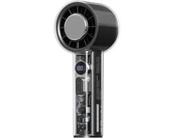 Draagbare zakventilator met ingebouwde koeler, 5000mAh-batterij, led-scherm, krachtige turbofunctie en transparante behuizing. Ideaal voor op reis, de zomer, concerten en buitenactiviteiten.