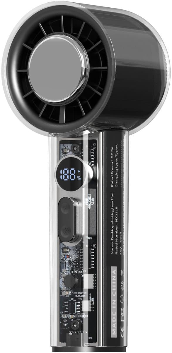 Draagbare zakventilator met ingebouwde koeler, 5000mAh-batterij, led-scherm, krachtige turbofunctie en transparante behuizing. Ideaal voor op reis, de zomer, concerten en buitenactiviteiten. — afbeelding 1