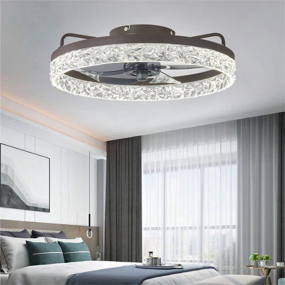 Plafondventilator van 50 cm met verlichting en afstandsbediening - Fandelier platte plafondventilator - 3000K-6500K dimbare inbouw LED-ventilatorlamp - bruin moderne plafondventilator met verlichting voor de slaapkamer — afbeelding 1