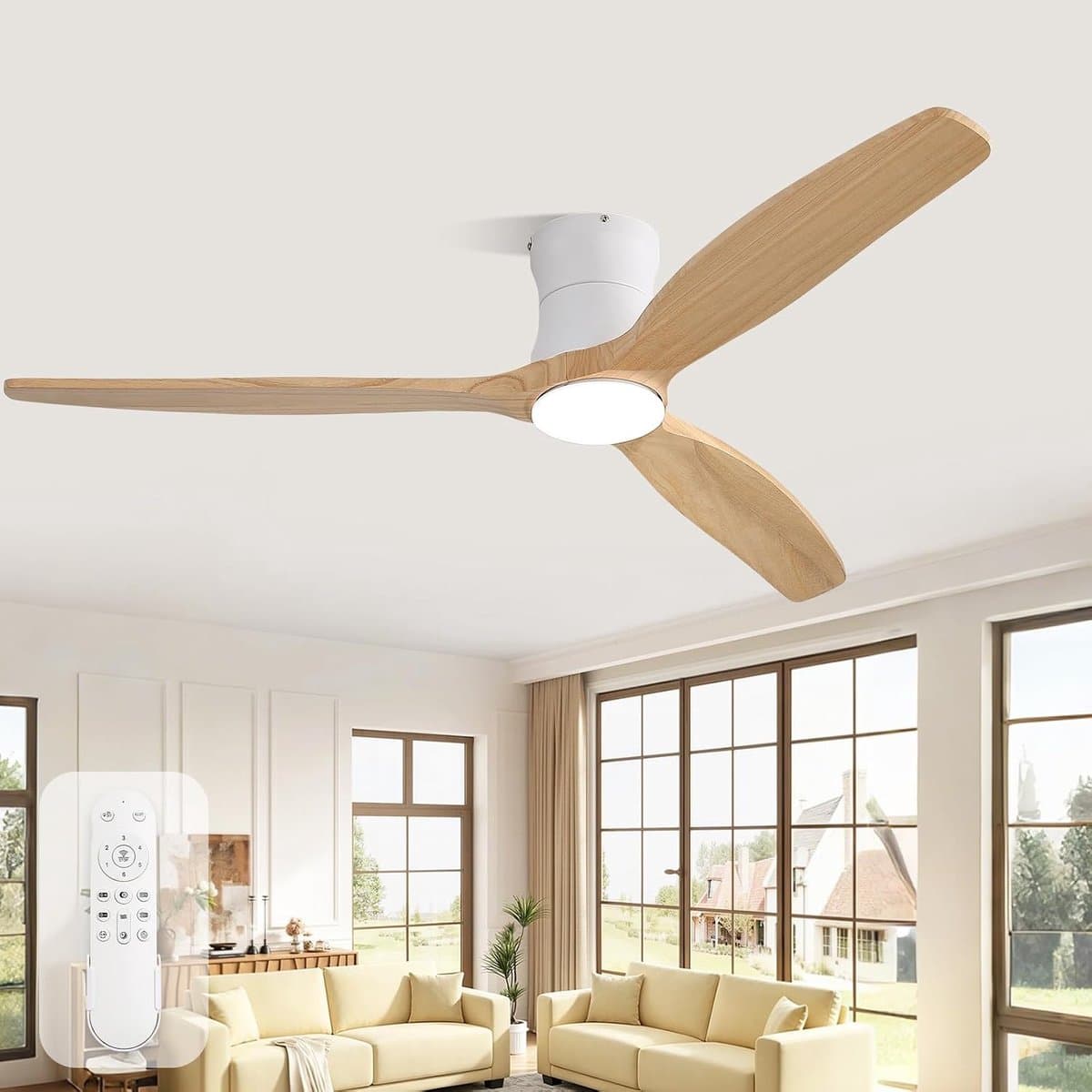 Plafondventilator met Licht - Ventilator met Lamp - Comfort in Huis - Stille DC Motor - 132cm - Wit Hout — afbeelding 1