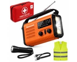 Noodradio met Solar, Dynamo & Powerbank - 20.000mAh - Inclusief 1x USB-C Kabel - LED-verlichting/Zaklamp - Draagbare Radio - SOS Alarm - AM/FM/NOAA-radio - Waterbestendig - Noodpakket