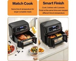 Heteluchtfriteuse – Airfryer - Airfryer Oven XXL - 12L - Dubbele Kookkamer Instelbaar - 2000W - 240V - 8 Voorgeprogrammeerde Programma's - LED Touchscreen - Kijkvenster - Zwart