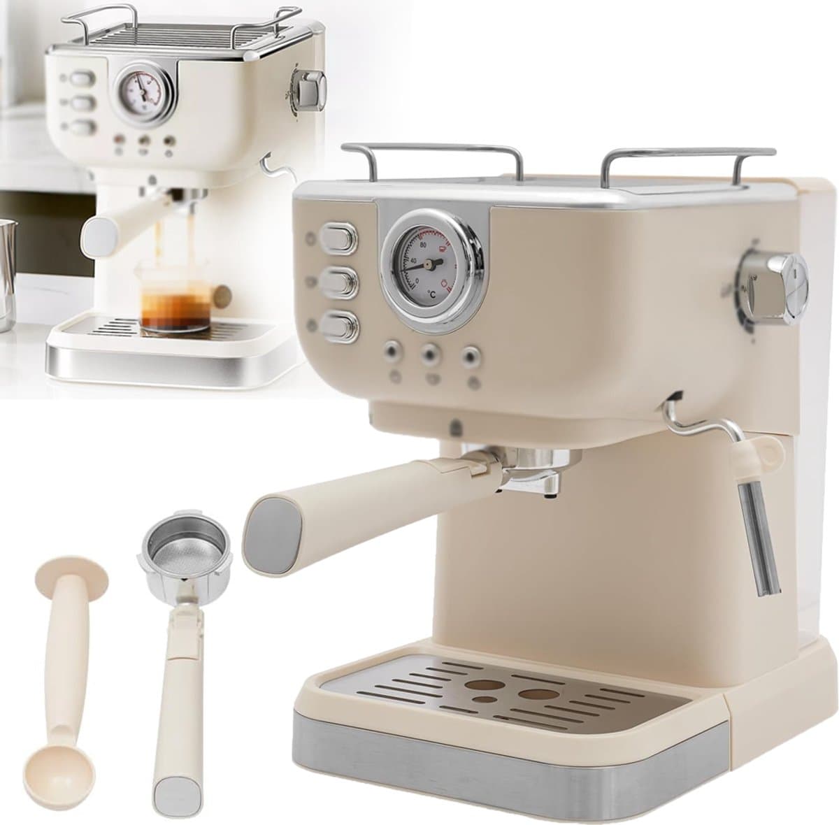 Espressomachine Met Stoom melkschuimer - 20 Bar Pomp drukmeter 1,5L Waterreservoir Lekbak - Voor Cappuccino Latte Macchiato En Meer - Beige Wit — afbeelding 1