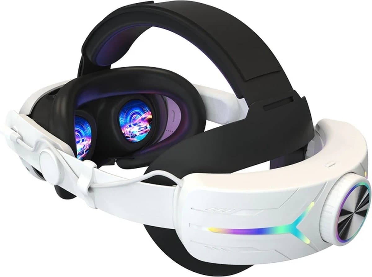 JustValue Elite Strap met VR Cover en 8000mAh Batterij - Vervanging Geschikt voor Oculus Quest 3 en Meta Quest 3 en 3s - RGB Verstelbare Comfortabele Riem met Hoofdkussen - Wit — afbeelding 1
