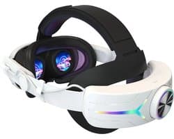 JustValue Elite Strap met VR Cover en 8000mAh Batterij - Vervanging Geschikt voor Oculus Quest 3 en Meta Quest 3 en 3s - RGB Verstelbare Comfortabele Riem met Hoofdkussen - Wit