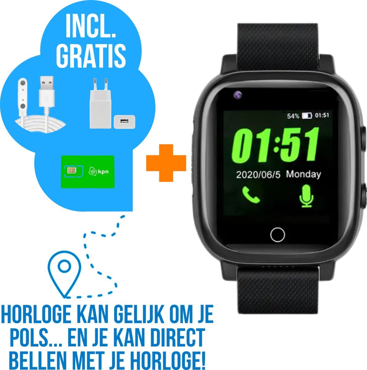 Wiesba WB5S - GPS Horloge Senior - Smartwatch voor Ouderen - Persoonlijke alarmen - alarm horloge ouderen - GPS Horloge Alzheimer - Valdetectie - Personenalarmering met SOS knop Alarmknop — afbeelding 1