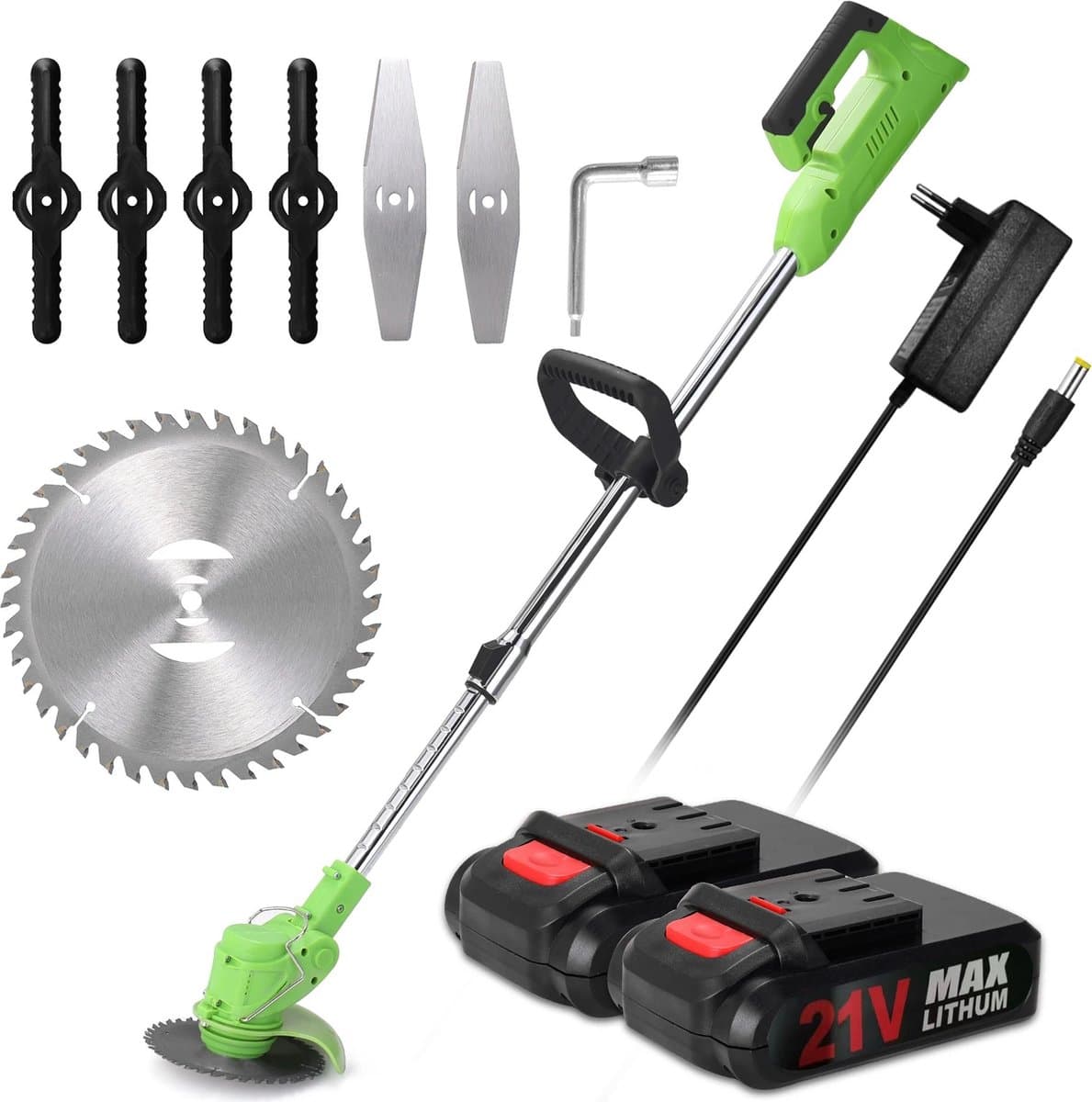 Accugrasmaaier - 2 x accu - Groen - Elektrische - Professionele - Grasmaaier - Verstelbare Snijder - Draadloze - Grasmaaier - Tuin - 100-135cm - Zaagblad - Maaiblad - Grastrimmer — afbeelding 1
