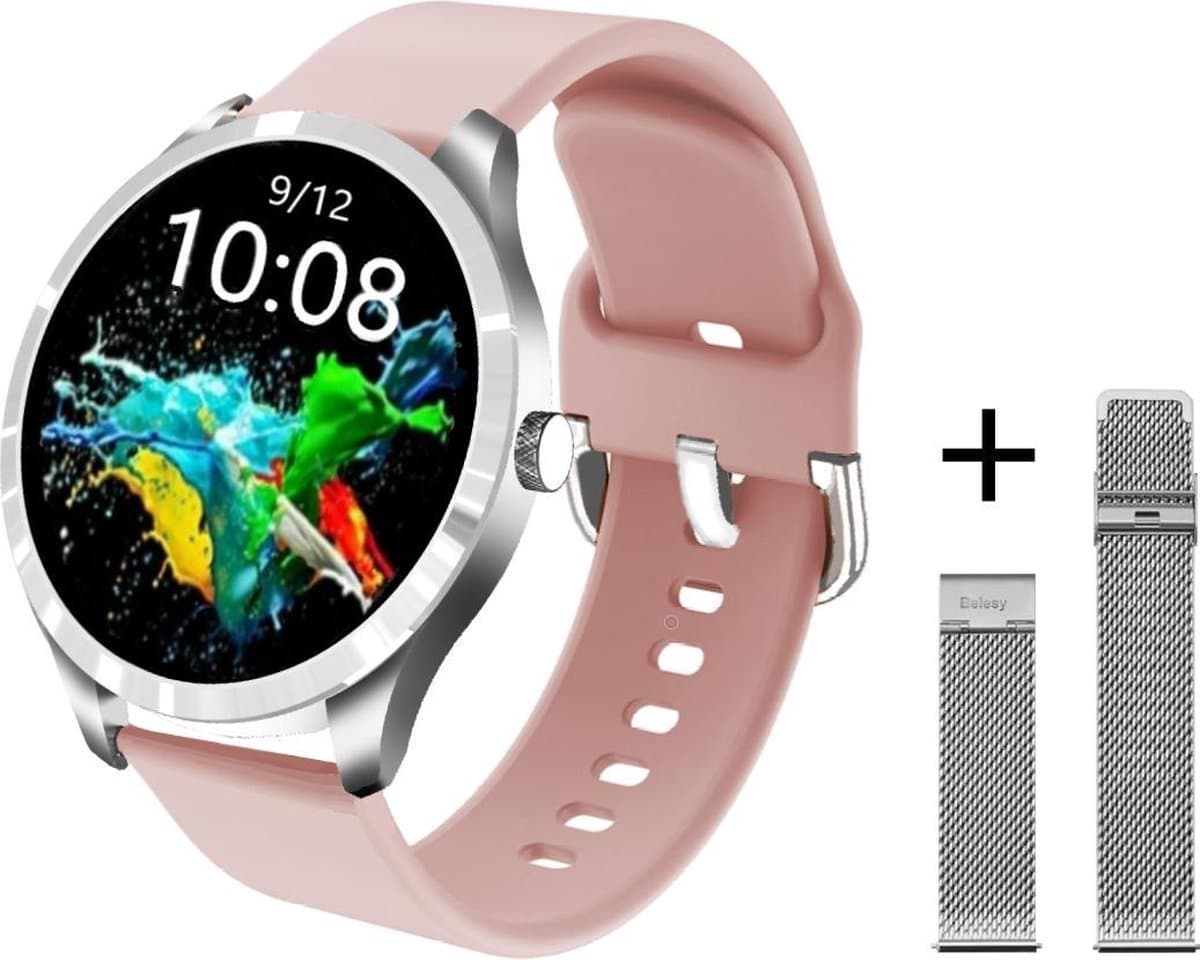 Belesy® BQSiRgPk Pro - Smartwatch Dames – Smartwatch Heren - Horloge - 1.28 inch - Kleurenscherm - Stappenteller - Bloeddruk - Hartslag - 75+ Wijzerplaten – Sporten – Zilver – Siliconen – Roze – extra polsband Milanees Zilver - Kerstcadeau — afbeelding 1