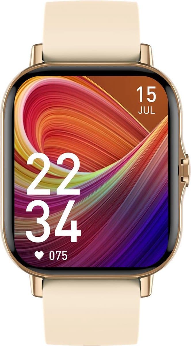 Belesy® Meander - Smartwatch Dames - Smartwatch Heren - Horloge - 1.78 inch – Hoge resolutie kleurenscherm - Stappenteller – Bloeddruk - Bluetooth bellen - Veel Wijzerplaten – Goud – Siliconen – Crème Wit - Moederdag — afbeelding 1