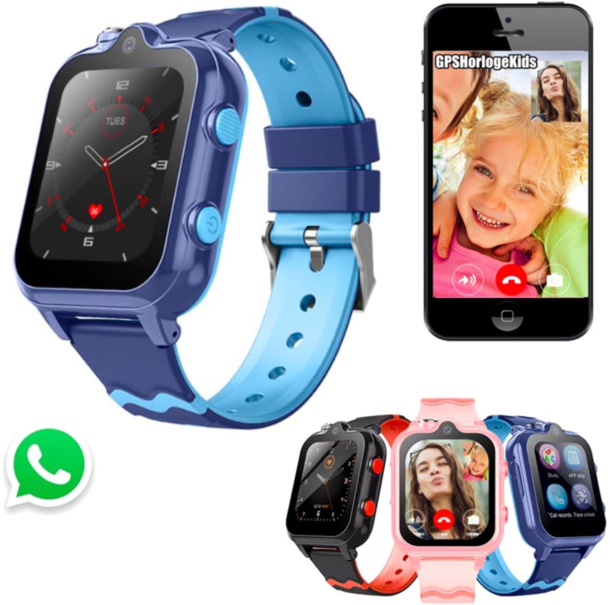 GPSHorlogeKids© - GPS horloge kind - smartwatch kinderen - WhatsApp - 4G videobellen - spatwaterdicht - SOS alarm - Dual Camera - gezichtsherkenning - incl. SIM - DUO Blauw — afbeelding 1