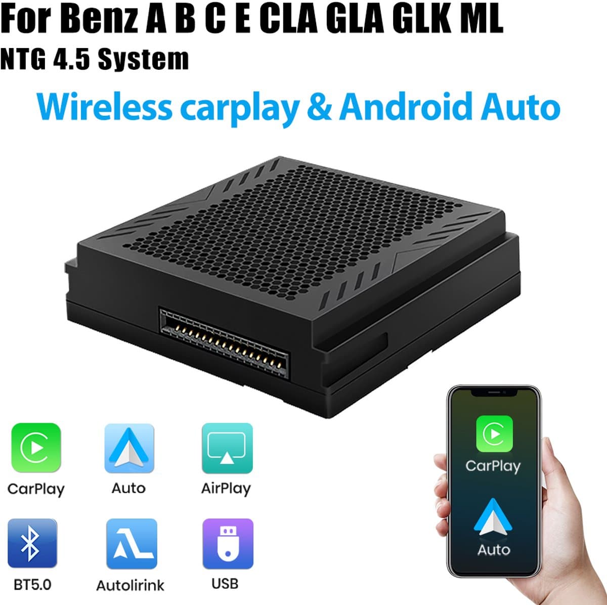 JUNSUN Draadloze CarPlay Android Auto Interface Module NTG 4.5 geschikt voor Mercedes Benz A/B/C/E/CLA/GLA/GLK — afbeelding 1