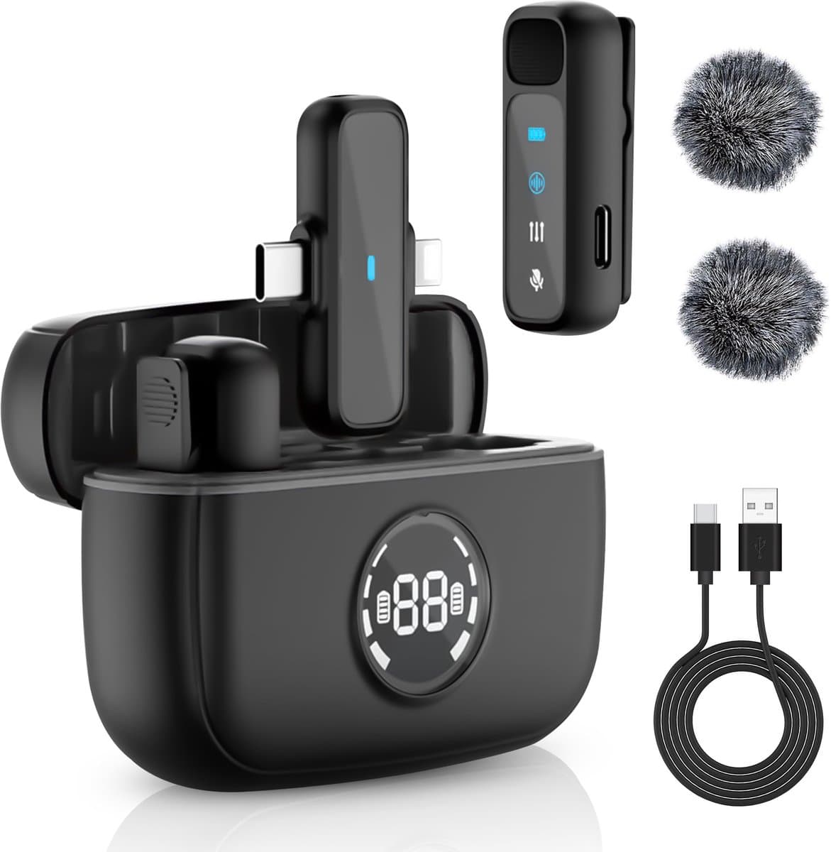 Strolox® Draadloze Microfoon - 2 Stuks - Oplaadcase - Lavalier - Windshields - Dasspeld - Lange Batterij - USB-C/Lightning - Plug & Play — afbeelding 1