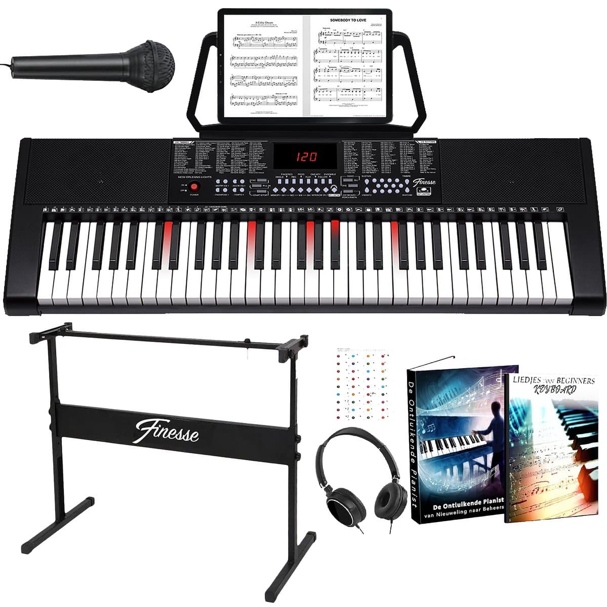 Finesse Keyboard Piano - Lichtgevende Toetsen - Statief & Accessoires - 61 Keys - Digitale Piano - Elektrische Piano - Kind — afbeelding 1