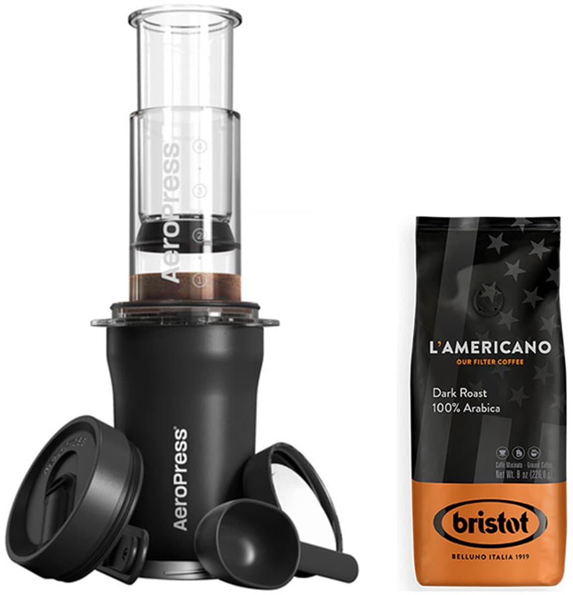 AeroPress Go Plus - Coffee Maker Zwart + Bristot L'Americano Dark Roast Koffie 226,8 gram — afbeelding 1