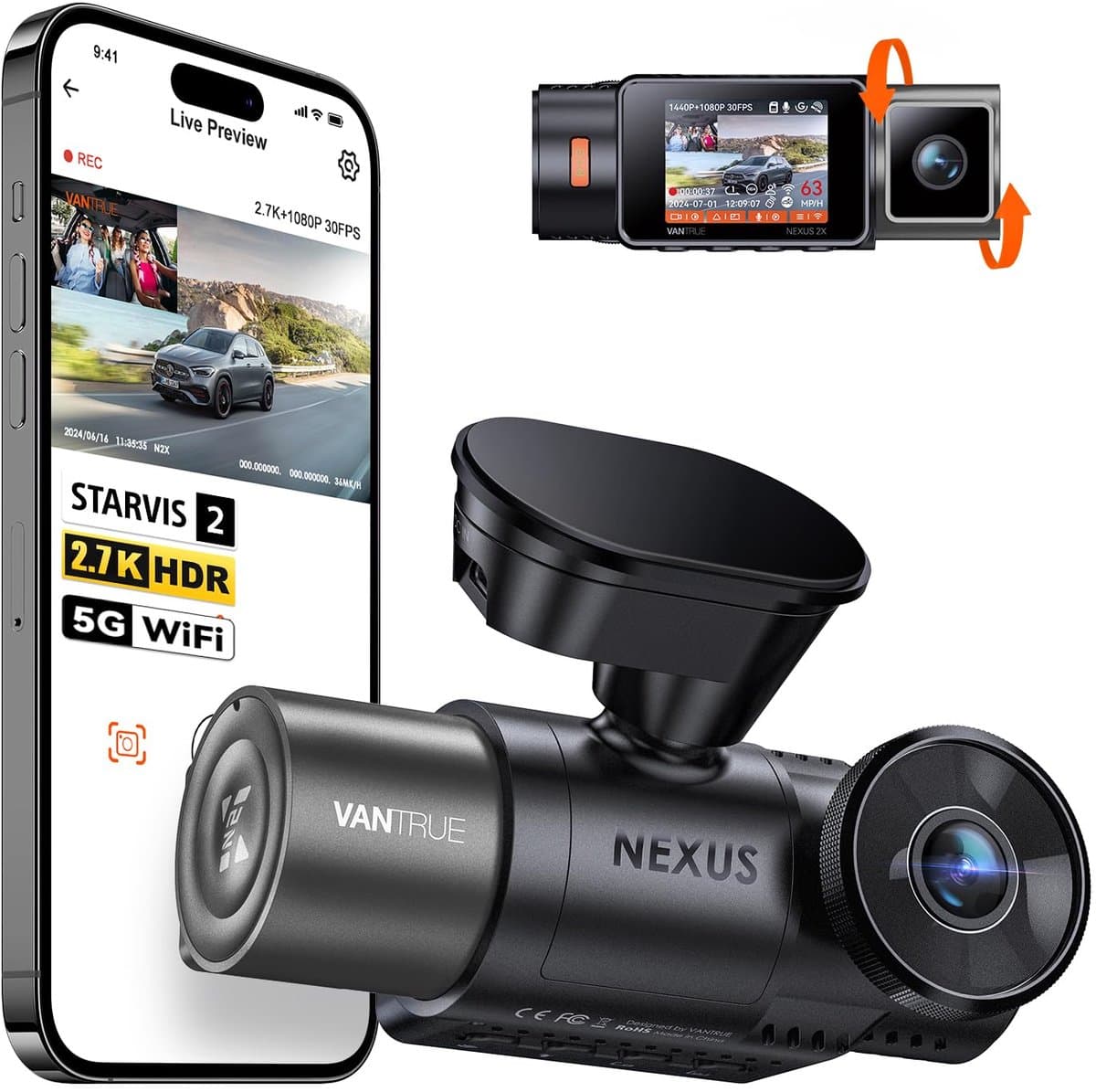 Vantrue N2X 2.7K Uber Dashcam Voor- en Binnenkant, 5G WiFi Dual Dashcam voor Auto met HDR IR Nachtzicht, STARVIS 2, GPS, 2,5K/60 FPS, LTE-ondersteuning, 24/7 Parkeerstand, Spraakbediening, Ondersteuning tot 512GB — afbeelding 1