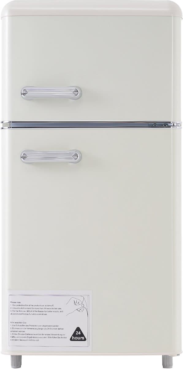 Koelkast, dubbeldeurs 46 x 45 x 91 cm, totale inhoud 72 liter, vriesvak 21 liter, jaarlijks stroomverbruik 120 kWh, ledverlichting, energielabel E, verkrijgbaar in meerdere kleuren, geschikt voor keukens, kinderkamers en appartementen. — afbeelding 1