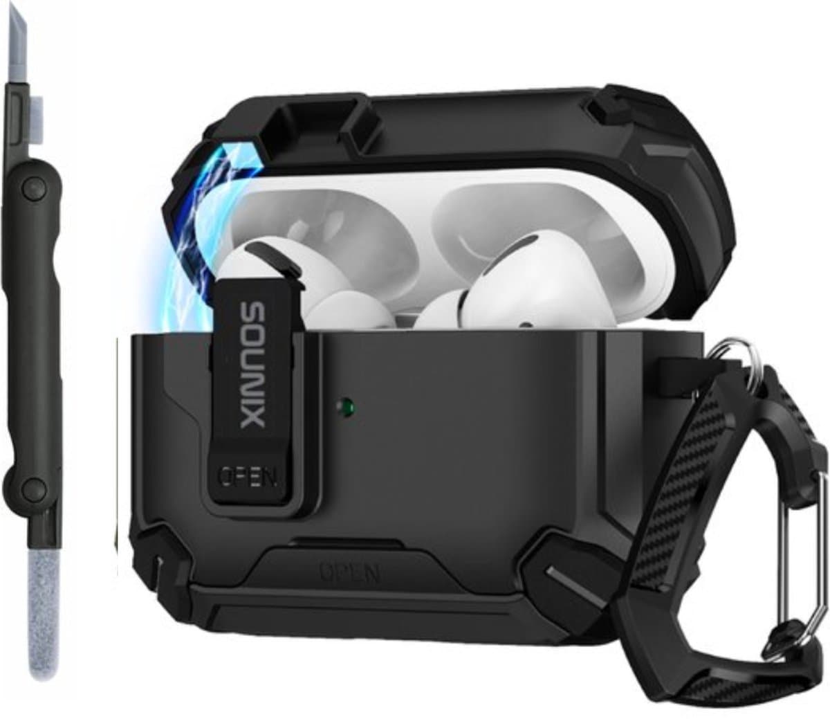 Sounix Hoesje geschikt voor Airpods Pro 1 / 2 - Met schoonmaak borstel - Airpods Pro Hoesje - Armor Case met Lock - Zwart — afbeelding 1