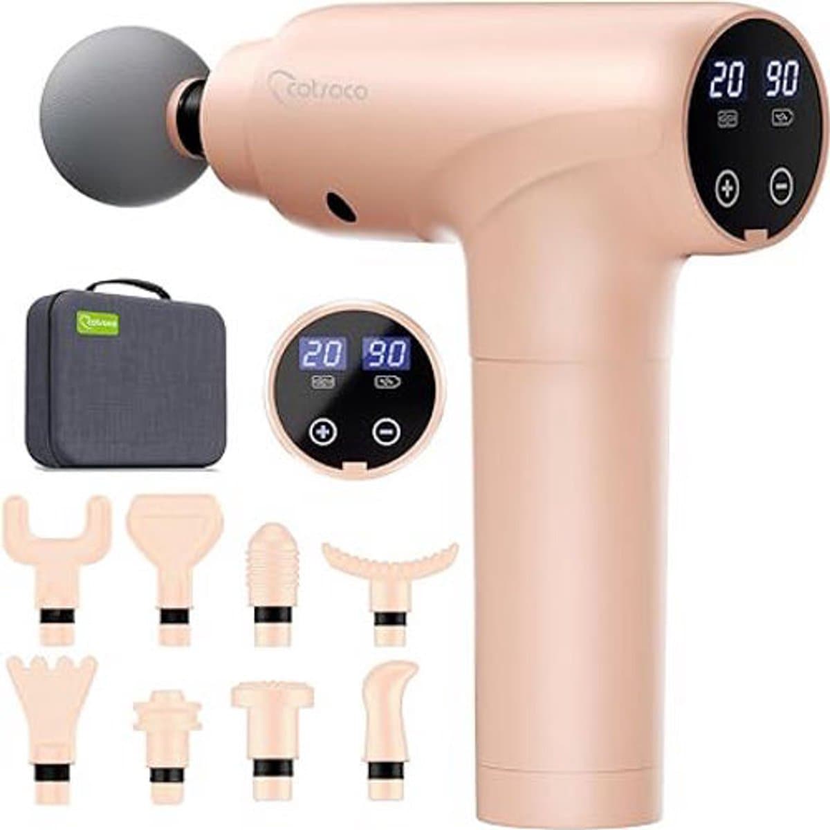 Massagepistool met LED-Touchscreen – 20 Snelheden – 9 Massagekoppen – Stil Percussie Massageapparaat – Inclusief Draagtas — afbeelding 1