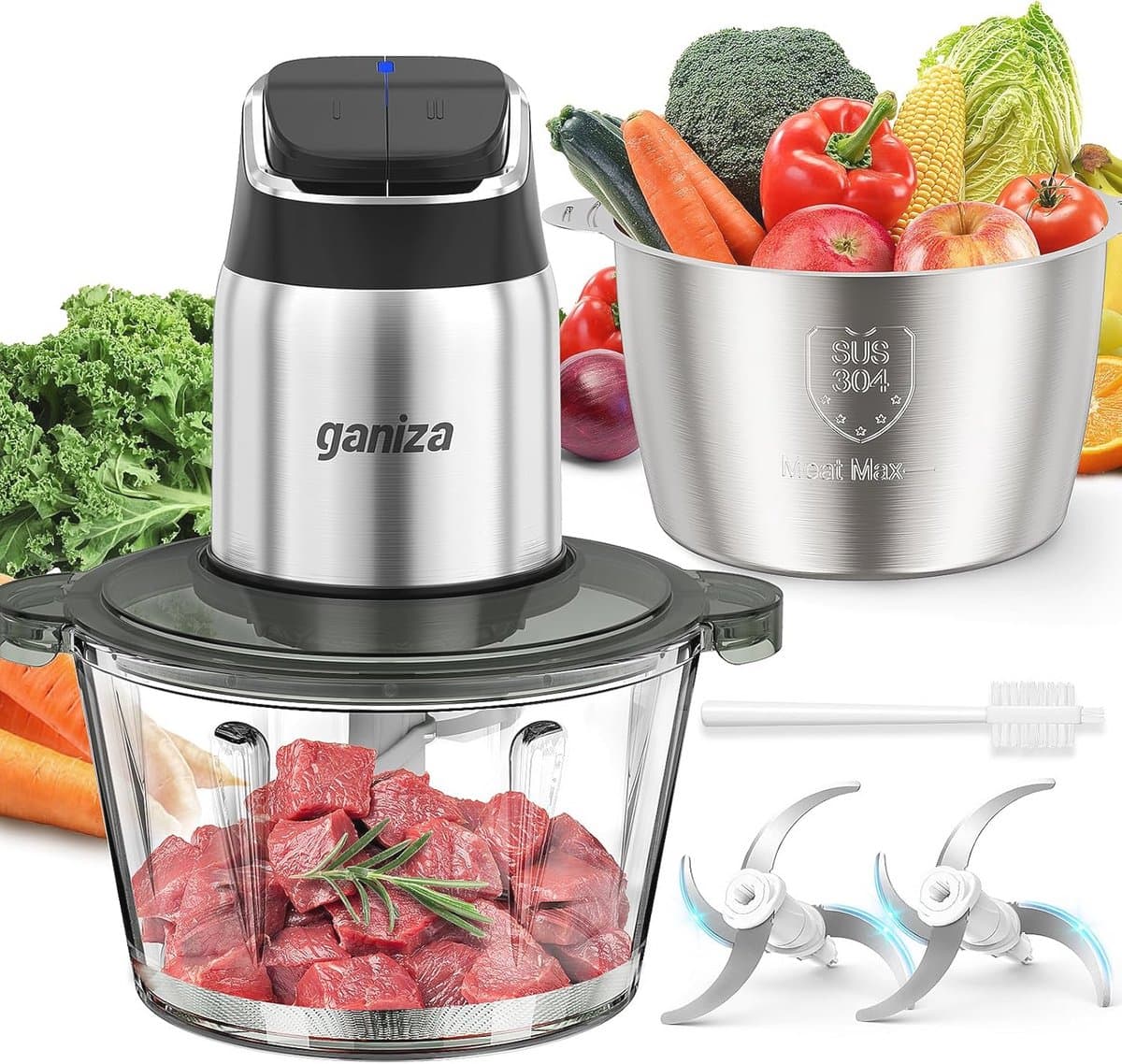 Foodprocessor en vleesmaler met glazen en roestvrijstalen kommen, 450W motor en oververhittingsbeveiliging — afbeelding 1