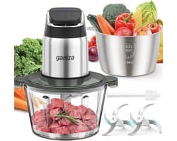 Foodprocessor en vleesmaler met glazen en roestvrijstalen kommen, 450W motor en oververhittingsbeveiliging