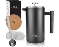 Koffiezetapparaat | 350ml, 600ml, 1L | roestvrij stalen koffiepers, koffiezetapparaat voor thuis, reizen, camping, incl. onderzetter, lepel, vervangingsfilter (zwart, 350ml (2 kopjes)