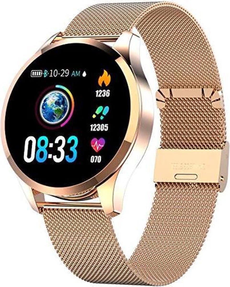 Belesy® Q9 - model 2021 - Smartwatch Dames - Smartwatch Heren - Horloge - Stappenteller - Hartslag - Calorieën - 1.3 inch - Kleurenscherm - 10x Sporten - INDOOR en OUTDOOR - Milanees staal - Rosegoud - Moederdag — afbeelding 1
