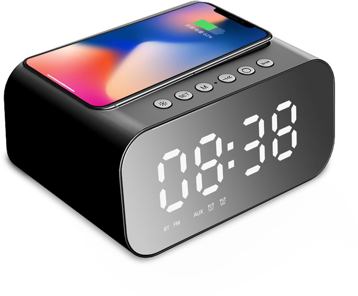 Wekkerradio met Draadloze Oplader - Wekkers Digitaal - Digitale Wekker Slaapkamer - Klokradio met FM Radio - USB & Qi Draadloos Oplaadbare Alarmklok - Zwart — afbeelding 1