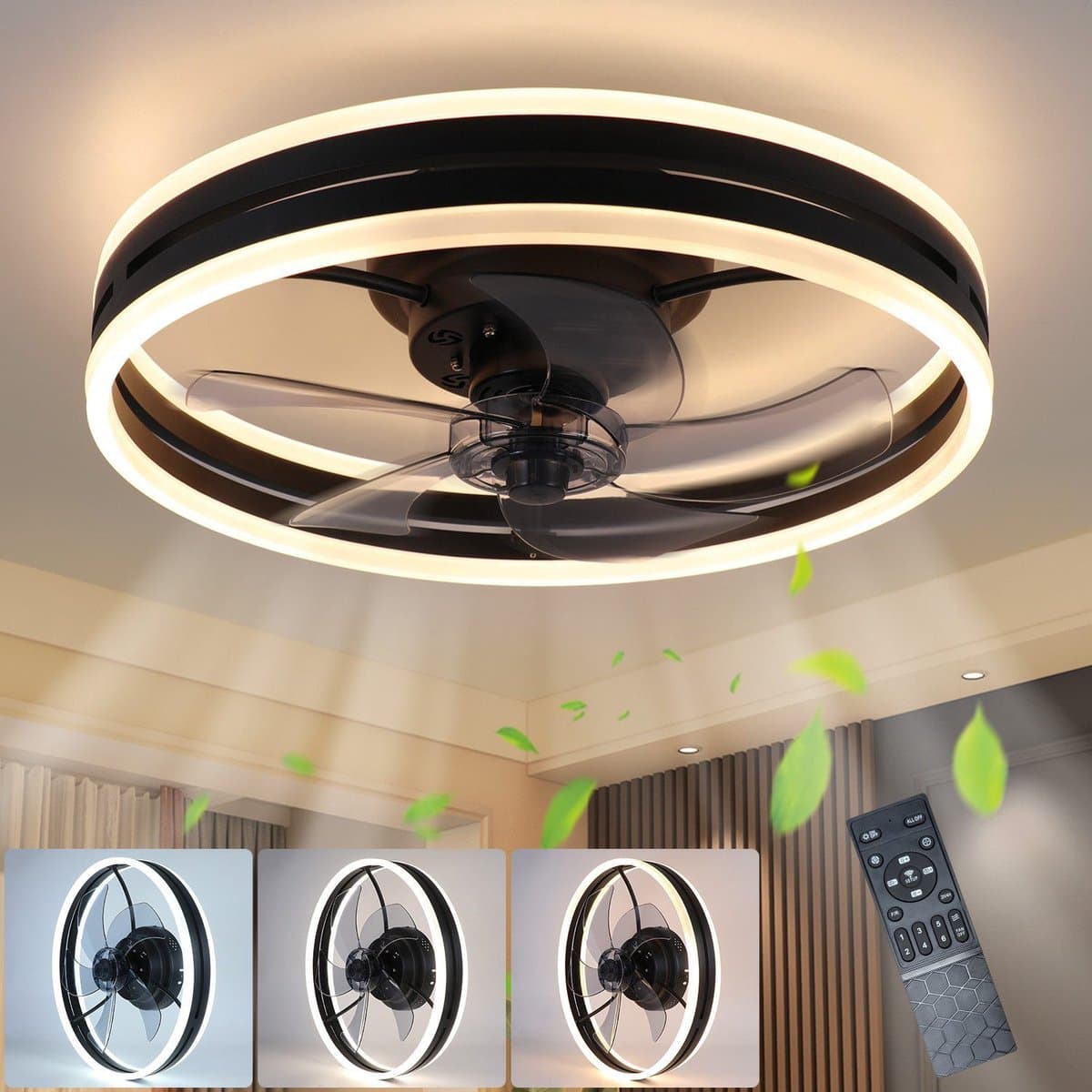 NETTLIFE Plafondventilator met verlichting - Zwart - Modern - 3000K -6500K dimbaar - LED 60W - Aluminium en acryl - 50CM - Ventilator met 6 snelheden - Timer met afstandsbediening - Woonkamerlamp - voor slaapkamer hal — afbeelding 1