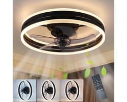 NETTLIFE Plafondventilator met verlichting - Zwart - Modern - 3000K -6500K dimbaar - LED 60W - Aluminium en acryl - 50CM - Ventilator met 6 snelheden - Timer met afstandsbediening - Woonkamerlamp - voor slaapkamer hal