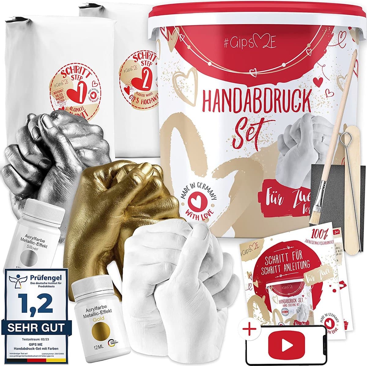 GipsME 3D-handafdrukset voor paren met kleuren zilver + goud, Made in Germany, jubileumcadeau voor hem en haar, partnergeschenken, gepersonaliseerde cadeaus voor bruiloft, Valentijnsdag — afbeelding 1