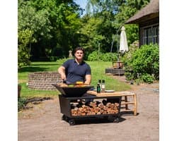 RJRoyal Living Plancha grill BBQ Compania grillring met snijplank en hoes en houtopslag vuurschaal rvs buitenkeuken grillring voor buiten