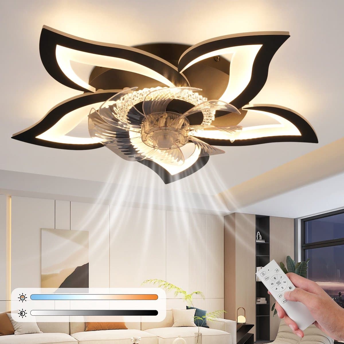 NETTLIFE LED Plafondventilator met Verlichting - Zwart - 48W - Stille Plafondventilator - Plafondlamp met ventilator - Dimbaar 3000K-6500K met afstandsbediening - Timer - 6 standen Ventilator - Slaapkamer plafondlamp - voor woonkamer | Eetkamer — afbeelding 1