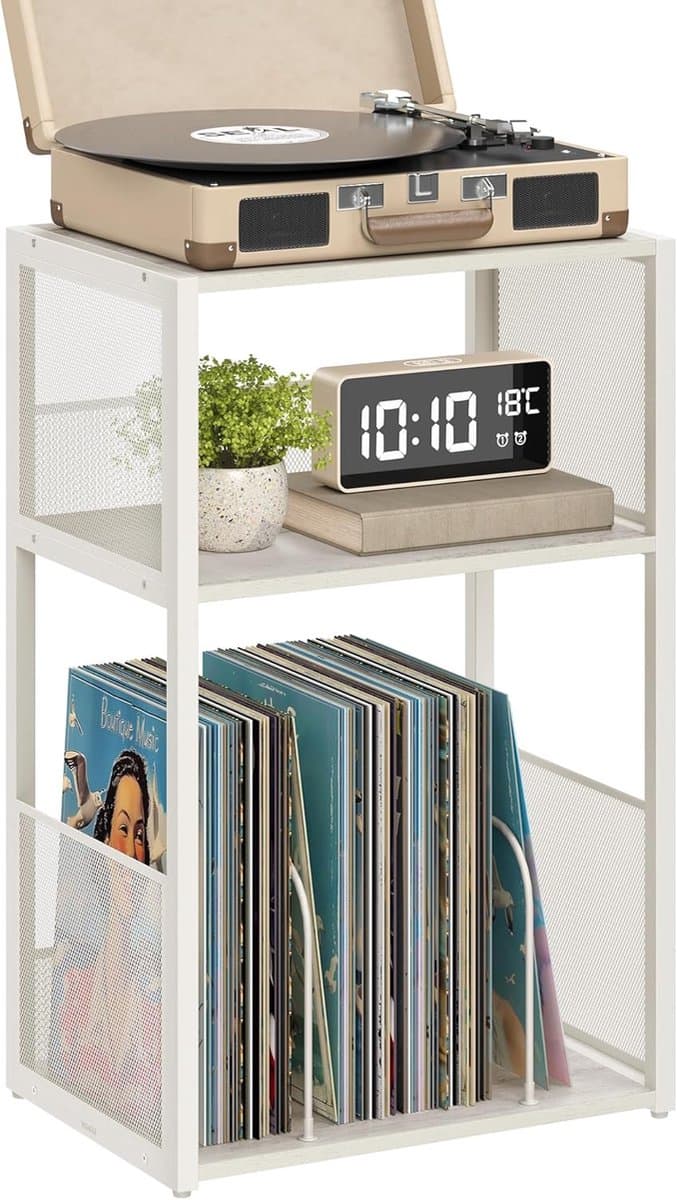 Platenspeler standaard - 3 etages - Bijzettafel - Opslag voor grammofoonplaten - Tot 100 albums - Tafel voor woonkamer en slaapkamer - Vintage wit — afbeelding 1